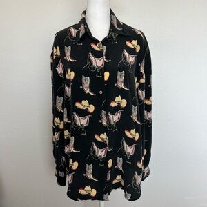 Vintage 90s P.I.A.N.O. Black Long Sleeve Cowboy Print Silk Blouse Size XL